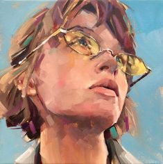 a painting of a woman with glasses looking up