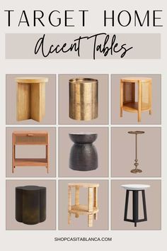 different types of tables and stools with text overlay that reads target home accent tables