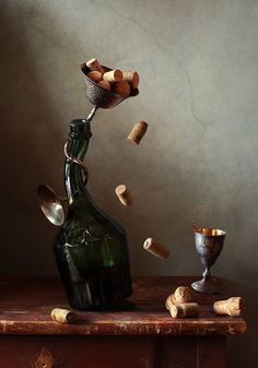 a wine bottle with corks coming out of it