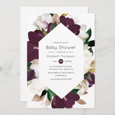 Simplistic dark plum and white hellebore and tulips springtime baby shower invitation customizable to your event specifics. White Hellebore, Gold Bachelorette Party, Plum Velvet, Confirmation Invitations, Floral Typography, Wedding Rehearsal Dinner Invitations, Bat Mitzvah Invitations, Communion Invitations, Bachelorette Invitations