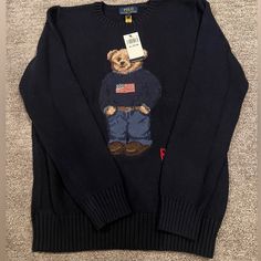 Ralph Lauren Polo Bear Flag Nwt Xl 18-20 Youth Size Fits Women S,Mlisted As Women’s Small. I Wear S, M Fits Me Fine Authentic Polo Bear Knit Sweater, Ralph Lauren Bear, Ralph Lauren Polo Bear, Flag Sweater, Polo Ralph Lauren Women, Ralph Lauren Pullover, Navy Blue Sweater, Ralph Lauren Kids, Bear Graphic