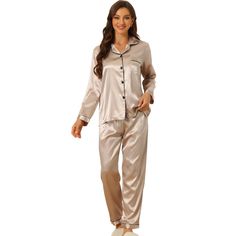 Great for loungewear, nightwear, sleepwear, home bedroom, and daily wear. Features: 2-piece sleepwear set, including sleeves tops, and pants. These women's sleepwear sets use soft breathable pure satin, giving you a cozy dress experience. Design: Many individual colors and lightweight fabrics, make the sleepwear comfortable, you have many choices to match it with your heart. No matter the cozy bedtime, casual home relaxation, laze afternoon, or comfy bath, the soft and lightweight women's nightd Satin Pjs, Womens Christmas Pajamas, Long Sleeves Tops, Satin Fashion, Cute Sleepwear, Cozy Dress, Comfy Dress, Women's Sleepwear, Night Dress For Women