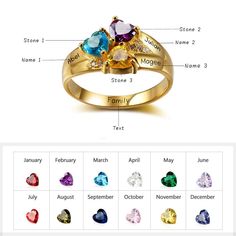 Custom Name Engraved Rings for Women are golden color rings which comes in heart shaped stones, it is best gift for women for any occasion as it comes with customization option where you can engrave names for up to six people, it comes in different size making it suitable for all women Features: Color: Gold Material: 925 Sterling Silver Style: Square cut Size: US size - 5 to 12 Weight: 2.8g Size Chart: Size Circumference(mm) UK,Europe & Australia CN/SG/JP Switzerland 5 49.3 J 1/2 9 9 6 51.8 L 1/ Ring With Birthstones, Family Ring, The Family Stone, Family Rings, Diamond Birthstone, Mother Rings, Personalized Grandma, Cool Gifts For Women, Sterling Silver Bands