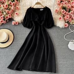 Cute round neck A line dress fashion dress Material: blended Color: red, pink, blue, black, rust red Size(cm): S, M, L, XL S length 112 bust 84 waist 68 M length 113 bust 88 waist 72 L length 114 bust 92 waist 76 XL length 115 bust 96 waist 80 Black And Pink Dress, Pink Dress Casual, Black Evening Dresses, Line Dress, Dress Material, Dress Fashion, Victorian Fashion, Dress Materials, Look Fashion