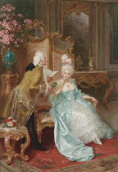 a painting of two women in formal dress sitting next to each other