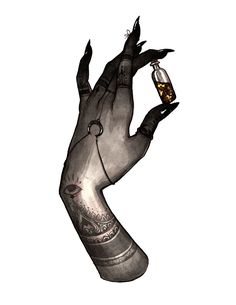 a drawing of a hand holding a bottle with something in it's left hand