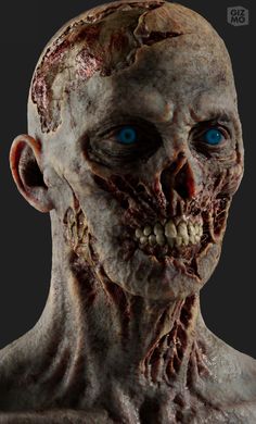 an alien head with blue eyes and teeth