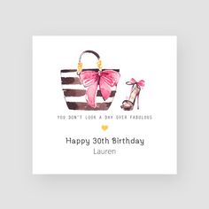 a birthday card with a handbag and high heel shoes