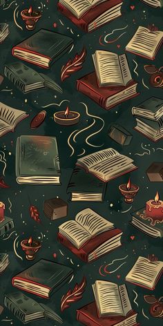 an image of many books floating in the air with candles and teapots around them