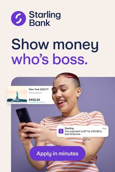 A woman holding her phone smiling. Around her are pop up bank notifications showing how much she has saved in her New York 2023 Saving Space and a notification reminding her she has a payment due tomorrow for £29.99 to BT. There's text overlay above this picture that reads: Show money who's boss. And text overlay at the bottom of the picture that reads: Apply in minutes. Banks Ads, Social Media Branding Design, Social Media Advertising Design, Email Design Inspiration, Social Media Design Inspiration, Social Ads, Media Sosial, Web Layout, Social Media Branding