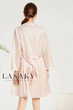 Lasaky - Premium Silk Sleepwear Set with Elegant Ruffled Design and Flattering V-Neck Night Dress Elegant V-neck Robe For Daywear, Feminine V-neck Robe For Sleep, Solid V-neck Dress For Wedding Night, Elegant Sleepwear For Sleepovers, Elegant Night Robe With V-neck, Elegant Long Sleeve Robe For Sleepover, Spring V-neck Sleep Robe, Summer Night V-neck Robe, Summer V-neck Night Robe