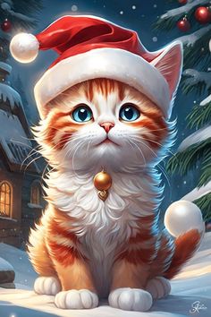 a painting of a cat wearing a santa hat