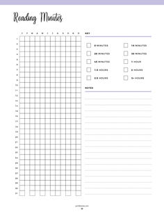 Reading minutes log with a grid to record daily reading time, a key for various time intervals, and a notes section. Reading Log Printable Free, Daily Reading Log, Reading Routine, Reading Log Printable, Tracker Free, Reading Logs, Book Titles, Printable Chart, Reading Habits