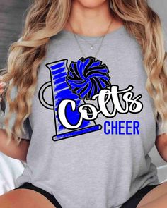 Looking for a way to show off your love for the Colts? Made with high-quality direct-to-film transfer, this full-color transfer is perfect for showing off your school spirit at games, tailgates, or just around town. With its bold and vibrant design, this transfer will stand out on any color t-shirt you choose to apply it on. And because it can be applied to cotton, poly-cotton blends, un-coated polyesters, and 50/50 blends, you'll have plenty of options to choose from. This Colts DTF Transfer is Cheer Shirts Designs Cheerleading High Schools, Cheer Shirts Designs Cheerleading, Cheer T Shirts, Cheer Megaphone, Cheer Shirt, Cheer Tshirts