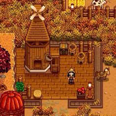 an old - school computer game with a farm scene and pumpkins in the foreground