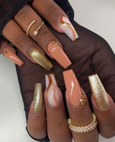 2022nails 40. Nude and Gold Glam Autumn Nails Have you noticed the leaves are changing, so are our manicures — For those who loves deep... Fall Gel Nails, Fall Nail Art Designs, Fall Acrylic Nails, Colorful Nail Designs, Fall Nail Art, Fall Nail Colors, Dipped Nails, Autumn Nails, Fall Nail