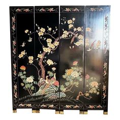 Discover the traditional craftsmanship of this Chinese Black Carved and Hand Painted Room Divider. Featuring four panels, this piece showcases intricate carvings and vibrant depictions of birds and flowers, set against a deep black background. The detailed hand-painted artistry adds elegance and serenity to any room, perfect for creating privacy, enhancing decor, or as a stunning focal point. 4 Panel Room Divider, Panel Room Divider, Birds And Flowers, Folding Screen, Black Hand, Room Paint, Room Posters, Chinese Art, Living Furniture