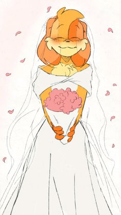 a drawing of a woman in a wedding dress with a cat on her back and flowers around her neck