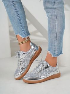 Women's Sparkling Sneakers, Low-Top Glitter Tennis Shoes With Laces, Comfortable For Walking, Hiking Silver Glamorous,Preppy,Funky    Plain,All Over Print    Women Shoes, size features are:Bust: ,Length: ,Sleeve Length: Womens Glitter Sneakers, Glitter Tennis Shoes, Retro Fashion Women, Moda Retro, Glitter Sneakers, Retro Mode, Casual Sneakers Women, Mode Casual, Casual Sport Shoes