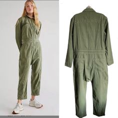 Free People X Sandrine Rose Zip California Embroidered Denim Jumpsuit Utility - New Women | Color: Green | Size: M Long-sleeve Cotton Denim Utility Jumpsuit, Fitted Cotton Denim Utility Jumpsuit, Fitted Cotton Utility Denim Jumpsuit, Long Sleeve Cotton Denim Utility Jumpsuit, Casual Embroidered Jumpsuits And Rompers For Spring, Denim Utility Jumpsuit With Long Sleeves, Vintage Denim Jumpsuit For Work, Casual Embroidered Cotton Overalls, Casual Cotton Embroidered Overalls