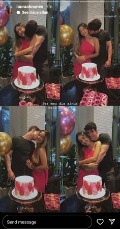 a man and woman kissing in front of a cake with balloons on it's sides