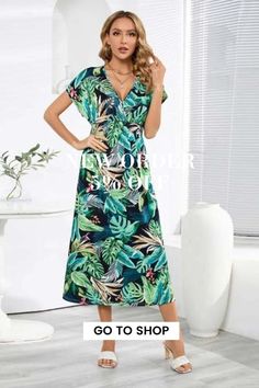 Summer Bohemian Elegant Party V Neck Print Maxi Dress Tropical V-neck Party Dress, V-neck Floral Print Boho Dress For Party, V-neck Tropical Print Party Dress, V-neck Printed Holiday Dress, Green Tropical Print Short Sleeve Dress, Green Short Sleeve Dress For Holiday, Bohemian Midi Dress With Tropical Print, Green V-neck Boho Dress For Vacation, Green Midi Dress For Beach Season Party