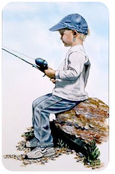 a painting of a boy sitting on a rock while holding a fishing rod and wearing a hat