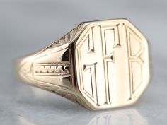 This bold type monogram on this vintage signet ring was so well done, we opted to leave it be, and hope that we found someone with the initials "GFB" who loves it as much as we do! Please note that this signet ring has its original monogram, unfortunately, this piece cannot be altered without affecting the quality of the piece, please feel free to contact us to help you find your perfect signet ring in your style and budget! Metal: 10K Yellow Gold Top Measurements: 14 x 13 mm, Octagon Monogram: Yellow Gold Sapphire Ring, Bold Type, Mens Rings, Signet Ring Men, Signet Rings, Silver Signet Ring, Cameo Ring, Gold Signet Ring, Jewelry Birthday