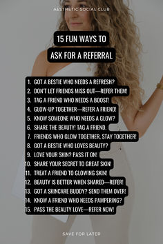 Want a fun way to ask for referrals? Save these referral prompts! 🫶🏽✨  Join Aesthetic Social Club for effortles posting with done-for-you social media templates for thos ein medical aesthetics!  #medspa #medspalife #nurseinjector #nurses #nursepractitioner #medicalspa #medicalaesthetics #esthetician #beautician #injector #cosmeticinjector #beautyspa Medical Spa Social Media Posts, Esthetician Bio Examples, Esthetics Post, Peel Season Esthetician, Esthetician Content Ideas, Beautician Aesthetic, Nurse Injector Aesthetic, Medspa Marketing, Esthetician Content