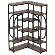 the corner shelf is made out of metal and wood, with several shelves on each side