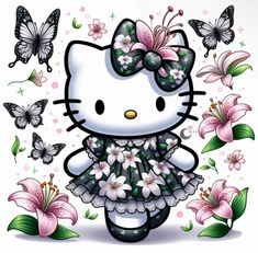 a hello kitty with flowers and butterflies around her