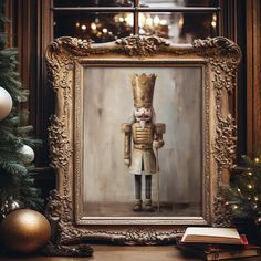 an oil painting of a nutcracker is displayed in front of a christmas tree