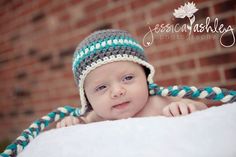 "This cute little hat is the perfect accessory for any outfit. This baby boy ear flap hat is crocheted and is grey with two aqua stripes and one off white stripe and off white trim. The tassels are baby grey, aqua and off white. Sizes and circumference are as follows: Newborn - 13\" 1 - 3 months - 14\" - 15\" 3 - 6 months - 15\" - 16\" 6 - 9 months - 16\" - 17\" 9 - 12 months - 17\" - 18\" 1T - 2T - 18\" - 19\" This hat is made in a smoke and pet free home and it should be hand washed and laid f Baby Boy Winter Hats, Baby Boy Hats Newborn, Newborn Winter, Crochet Baby Boy Hat, Newborn Boy Hats, Baby Boy Monogram, Personalized Baby Hat, Baby Boy Hat, Monogram Baby Girl