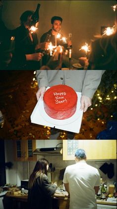 two people standing in front of a red cake with sparklers on it and one person holding a knife