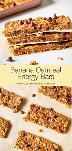 banana oatmeal energy bars are stacked on top of each other with chocolate chips