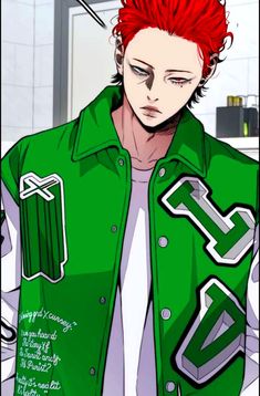 a man with red hair wearing a green jacket