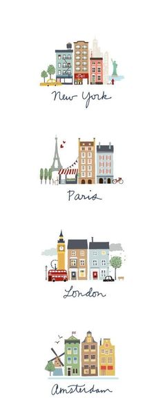 four different buildings with the words new york, san francisco and amsterdam in each one