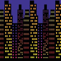 an image of a city at night with buildings lit up in different colors and shapes