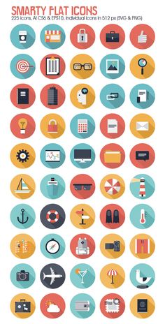 a large set of flat icons in different colors and sizes, including the words smarty flat