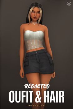 a woman in short shorts with the words redacted outfit and hair