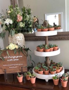 three tiered cake stand with succulents and flowers on it in front of a mirror