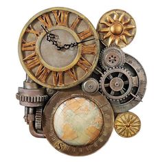 a clock made out of different types of gears and wheels with a world map in the middle