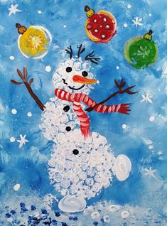 a painting of a snowman with christmas decorations