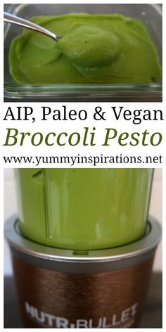 an image of a green smoothie in a blender with the words, ap paleo & vegan broccoli pesto