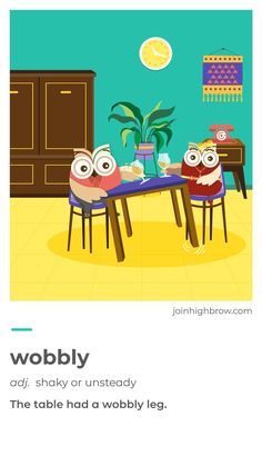 two owls sitting at a table in front of a book cover that says wobbly