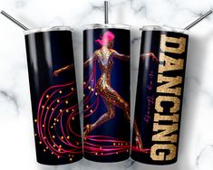 three tumbles with the words dancing on them and a woman's body painted in gold