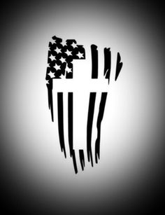 an american flag with the cross on it is shown in black and white, against a gray background