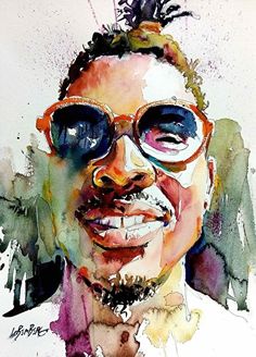 a watercolor painting of a man wearing sunglasses