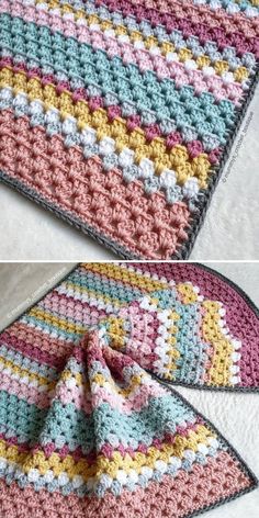 crocheted rugs with different colors and sizes are shown in two pictures, one is