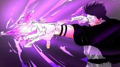 an anime character holding his hand out to the side with purple light in the background